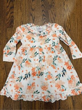 Girls' Peach Floral Ruffle Hem Long Sleeve Dress